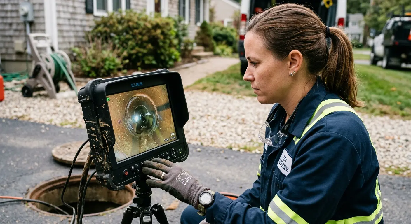 Technician reviewing sewer camera inspection footage in Urban Honolulu