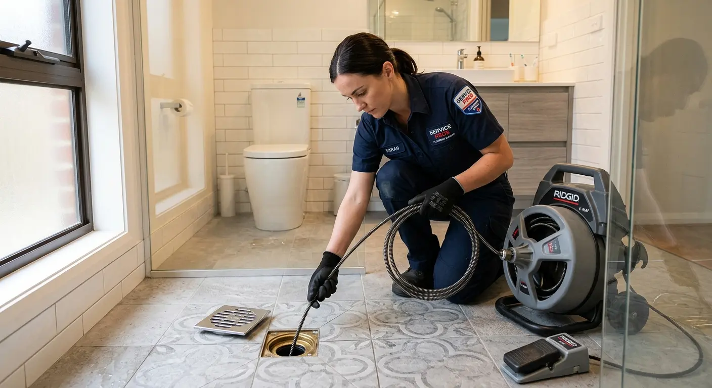 Technician clearing a bathroom floor drain for Sewer Line Replacement in Urban Honolulu